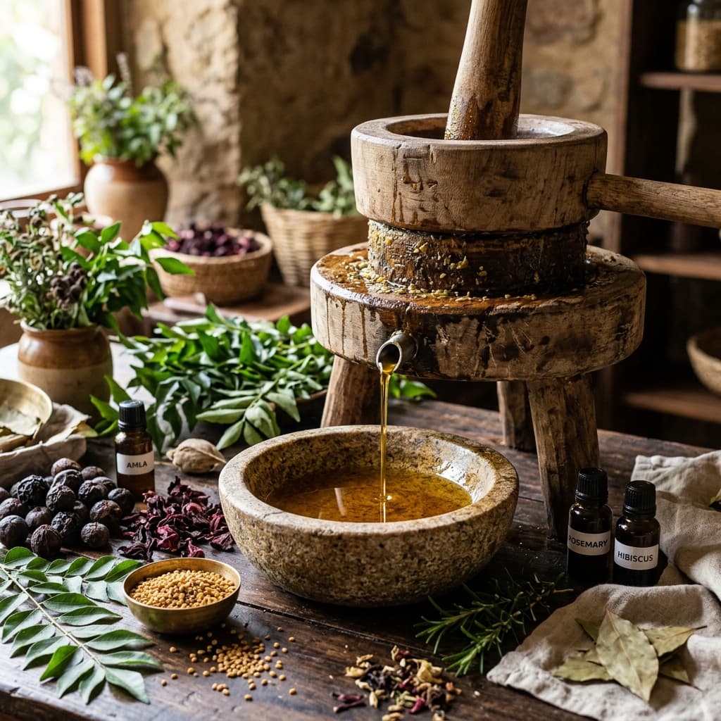 Traditional wooden oil press and Ayurvedic herbs including amla and hibiscus